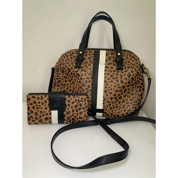 FOSSIL Rachel Satchel Handbag Purse Black White Stripe Tan Cheetah & Wallet Pair - Picture 1 of 16